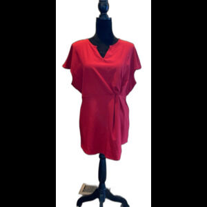 XL Red Blouse Cap Sleeves Faux Wrap Top Asymmetrical Hem V Neck Elastic Waist